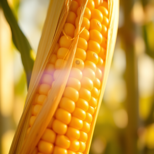 close-up of an ear of corn partially husked in warm sunlight, natural bokeh background, 50mm lens, aperture f/2.8, ISO 200, 1/250 sec, DSLR camera, macro photography style