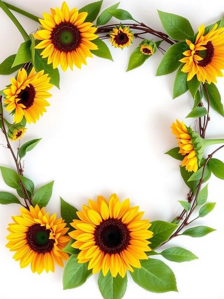 Create an image of a decorative frame featuring sunflowers and green leaves with a blank center for text, using a DSLR camera with a 50mm lens at f/2.8 aperture, ISO 100, shot in natural lighting from a top-down view to capture vibrant colors and sharp details.