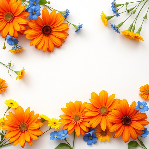 Create a vibrant floral border design with bright orange, yellow, and blue flowers on a white background, using a high-resolution DSLR camera at f/2.8 aperture, 50mm lens, natural lighting, and a top-down view to enhance image quality.