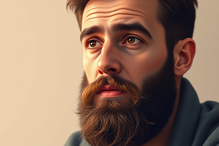 Create a high-resolution portrait illustration of a bearded man with thoughtful expressions and a warm color palette, using a DSLR camera with a 50mm lens, f/1.8 aperture, ISO 100, natural light, and shallow depth of field for enhanced clarity.
