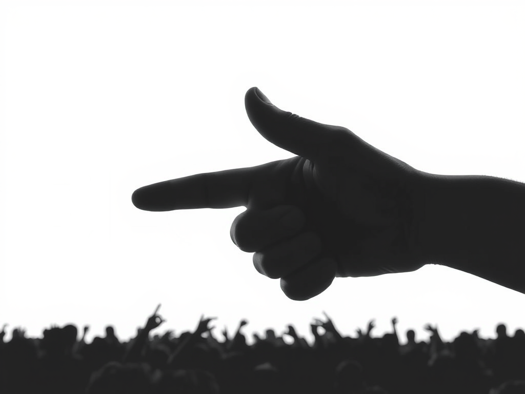 Create an image of a hand pointing at the word "BLOG" in large, bold white letters on a plain white background with a silhouette of a crowd below; use a DSLR camera with a 50mm lens, aperture set to f/2.8, ISO 100, and a shallow depth of field for enhanced focus and clarity.