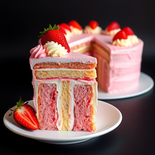 A beautifully layered cake with pink and white frosting, topped with fresh strawberries, served on a white plate against a dark background, with a slice cut to reveal its layers and a whole cake in the background.