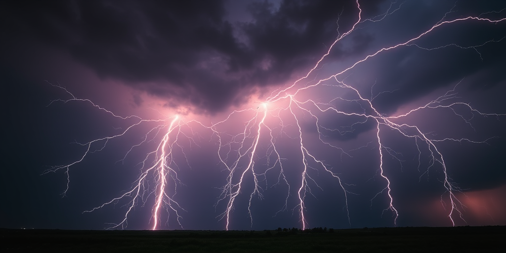 Create a dramatic lightning storm background with vibrant lightning bolts branching across the sky, captured using a DSLR camera at ISO 100, f/8 aperture, 1/250s shutter speed, landscape view, and utilizing a long exposure technique for enhanced light capture.