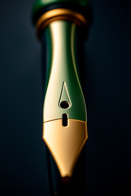 Create an ultra-realistic close-up image of a classic fountain pen with a green body and gold accents, using a DSLR camera at f/2.8 aperture, ISO 100, and 50mm lens, shot from a top-down angle with soft, diffused lighting to enhance the texture and shine of the pen.