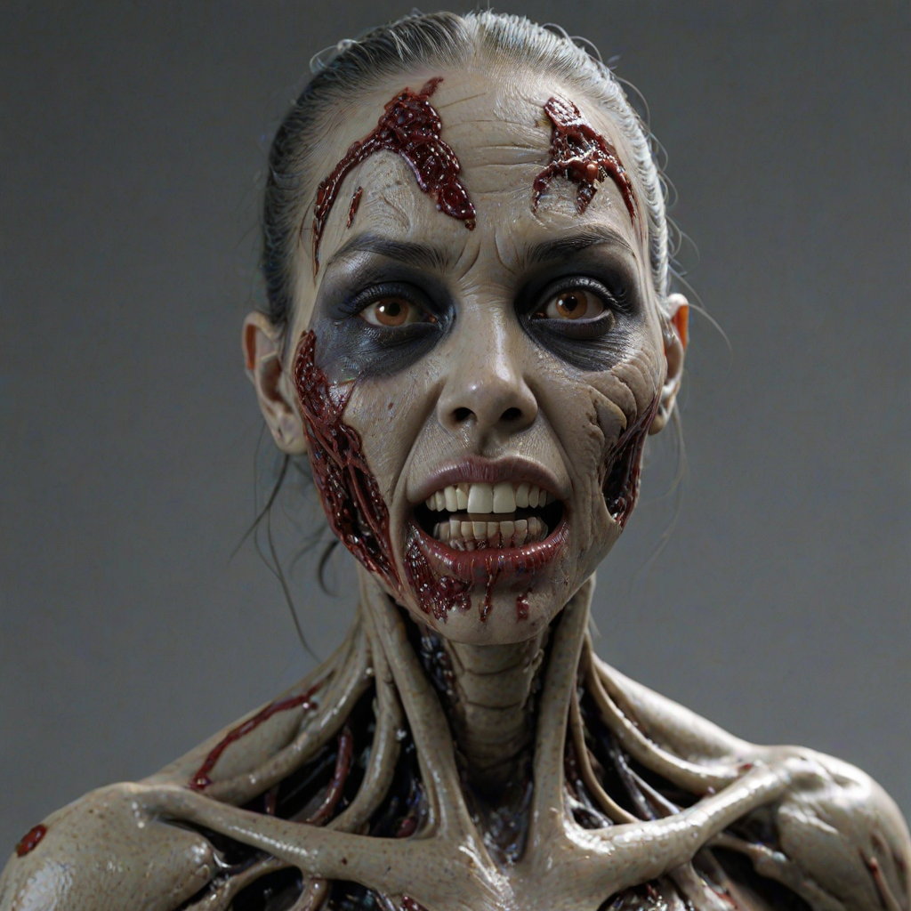 (perspective) of A creepy (ethnicity) zombie cyborg with (descriptive color) skin, (color) lipstick (color) liquid flowing from her eyes and mouth, (perspective two) portrait, (camera angle), extremely detailed, (art style) in the style of Yoshitaka Amano and Tetsuo Hara. --ar 85:128 --style raw --niji 6