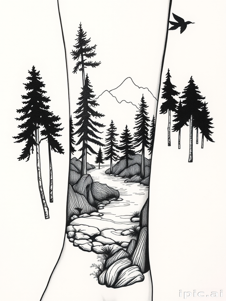 Woodcut-style forest landscape wrapping around forearm, intricate cross-hatching and fine lines creating depth and texture in black ink