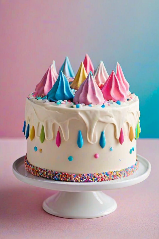 Create an image of a round cake with a smooth white frosting base. The top should be covered in glossy dark chocolate ganache, with colorful meringue peaks in pink, blue, and white arranged decoratively. Add a sprinkle of colorful edible glitter on top for a festive touch. The cake should be displayed on a simple white cake stand against a soft pastel background.