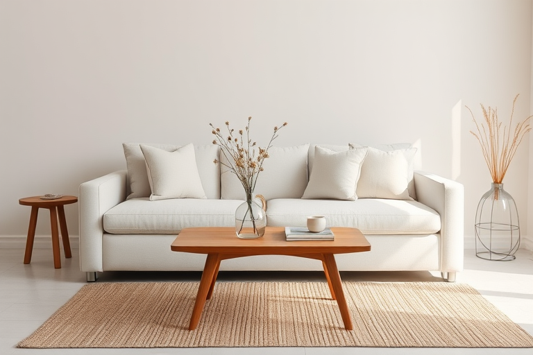 Interior shot of a minimalist living room featuring a light-colored sofa with soft pillows, a wooden coffee table, a decorative vase with dried flowers, and a textured rug, captured with a Canon EOS R5 at f/2.8, ISO 200, 1/60s, using a soft natural light style and a wide-angle lens.