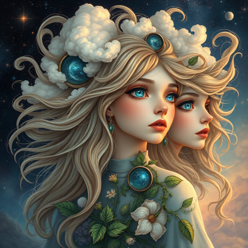 Create a series of imaginative portraits where each subject is infused with elements of fantasy and nature. The hair of the individuals should flow like clouds, varying from soft, fluffy cumulus to wispy cirrus strands, with hints of color reflecting a sunset or a clear blue sky. The eyes should be windows to entire galaxies, with stars, nebulae, and distant planets visible within them. Clothing should be adorned with nature motifs, such as floral patterns that bloom and change, vines that seem to grow and wrap around, or feathers that shimmer with iridescence. Each portrait should capture a unique personality, blending human features with the ethereal beauty of the natural and cosmic world. The backgrounds can vary, from starry night skies to enchanted forests, adding depth and context to the magical realism of the portraits