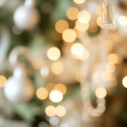 Generate an abstract image featuring soft, shimmering lights and blurred textures resembling festive decorations. Include elements that suggest a holiday atmosphere, with a focus on silver and white tones. Emphasize bokeh effects and a dreamy quality.