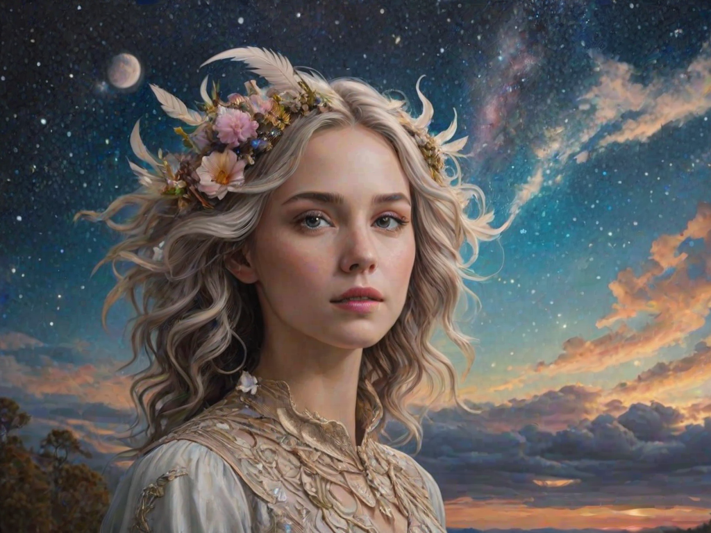Create a series of imaginative portraits where each subject is infused with elements of fantasy and nature. The hair of the individuals should flow like clouds, varying from soft, fluffy cumulus to wispy cirrus strands, with hints of color reflecting a sunset or a clear blue sky. The eyes should be windows to entire galaxies, with stars, nebulae, and distant planets visible within them. Clothing should be adorned with nature motifs, such as floral patterns that bloom and change, vines that seem to grow and wrap around, or feathers that shimmer with iridescence. Each portrait should capture a unique personality, blending human features with the ethereal beauty of the natural and cosmic world. The backgrounds can vary, from starry night skies to enchanted forests, adding depth and context to the magical realism of the portraits