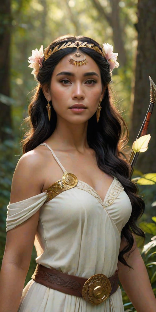 Create a portrait of a goddess-like Maori girl figure in a tranquil, forested environment. She has an elegant appearance with long, wavy hair styled in an updo and adorned with a delicate, floral headband. She wears a flowing, ancient Greek-inspired gown in a soft, pale color, featuring a one-shoulder design and draped fabric that accentuates her graceful form. The outfit includes a decorative belt with ornate gold detailing, and she holds a bow in her hand, with a quiver of arrows slung over her shoulder. The background depicts lush greenery, with sunlight filtering through the trees, casting a gentle, ethereal light on the scene. Her expression is calm and contemplative, embodying a sense of wisdom and serenity.