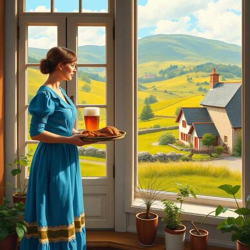 In "A Glass of Beer on the Highland," a serene scene is depicted in a sunlit room where a woman in a vibrant blue dress stands by a large window. She holds a tray with a hearty meal and a frothy glass of beer, embodying a moment of relaxation. Outside, the breathtaking highland landscape features rolling green hills and a charming traditional house, all bathed in warm afternoon light. The interior is adorned with potted plants, creating a harmonious blend of comfort and nature. The painting beautifully captures the tranquility and joy found in simple pleasures amidst stunning scenery