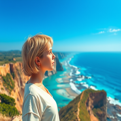A digital illustration of a young woman with short blonde hair standing on a cliff overlooking a vibrant ocean landscape under a clear blue sky, captured with a Canon EOS R5, 35mm lens, f/2.8 aperture, ISO 100, in a vibrant color palette and soft lighting to enhance details and depth.