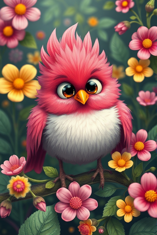 Create a whimsical illustration of a cute, oversized-eyed bird with vibrant pink feathers surrounded by colorful flowers and intricate foliage, shot with a Canon EOS R5 at f/2.8, 1/125 sec, ISO 100, in a macro style to capture fine details and enhance vibrant colors.