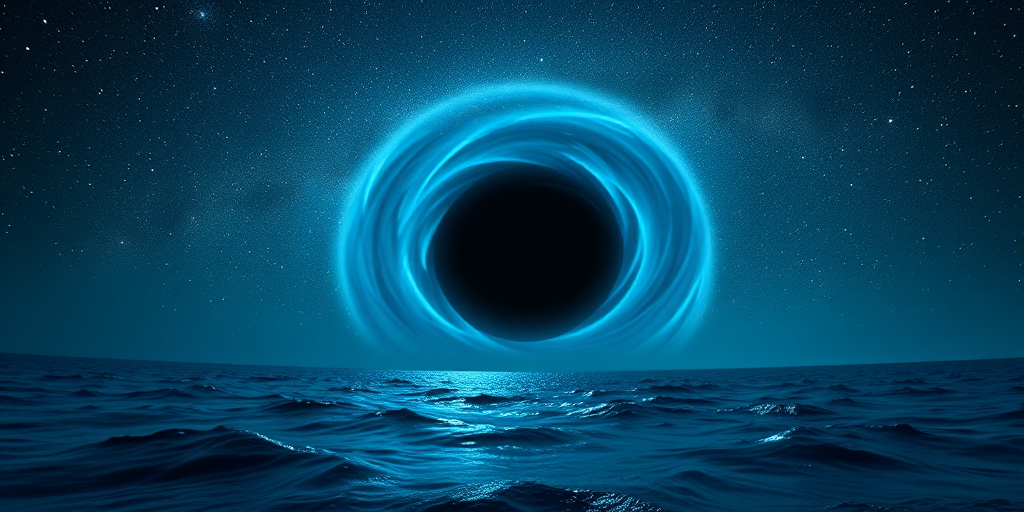 Generate an image of a swirling blue black hole above a vast ocean with vibrant stars scattered in the night sky, using a wide-angle lens, f/2.8 aperture, ISO 100, and a 24mm full-frame camera to enhance clarity and detail.