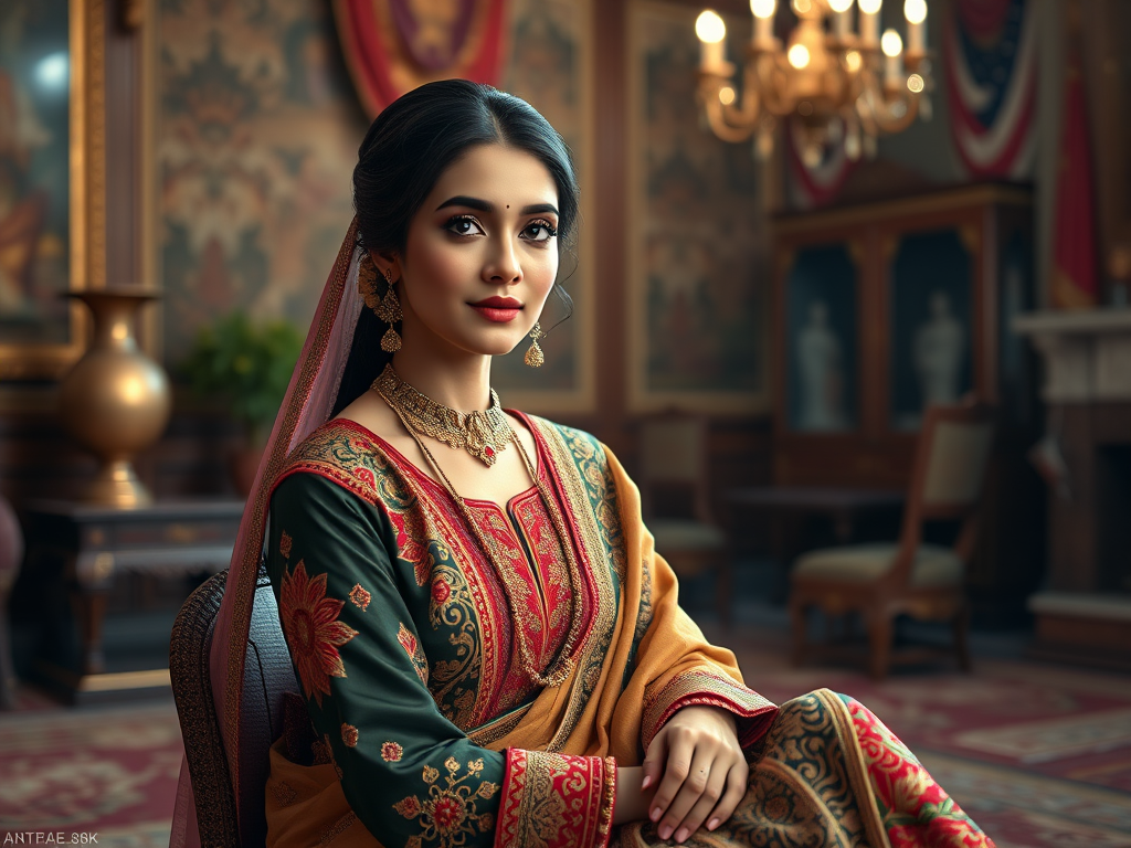 A beautiful Pakistani woman in traditional East Asian attire, intricately detailed with embroidered patterns, sitting gracefully in a richly decorated room, soft ambient lighting, serene and elegant, ultra-realistic, 8K resolution