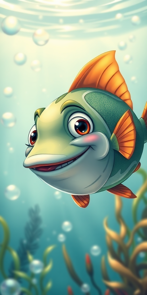 Create an illustration of a cartoonish, stylized fish with exaggerated facial features and a wide grin, swimming in a bubbly underwater scene surrounded by aquatic plants, captured with a DSLR camera, 50mm lens, f/2.8 aperture, ISO 100, natural lighting, high dynamic range.