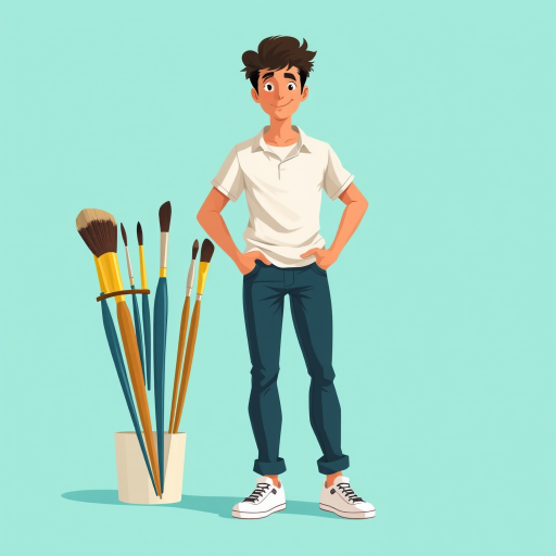 Create an illustration of a person standing confidently next to a large tube of paint and paintbrushes, with a vibrant teal background, using a digital medium; camera settings: f/2.8, 1/60s, ISO 100; camera view: eye level; camera style: minimalist; camera type: digital art.