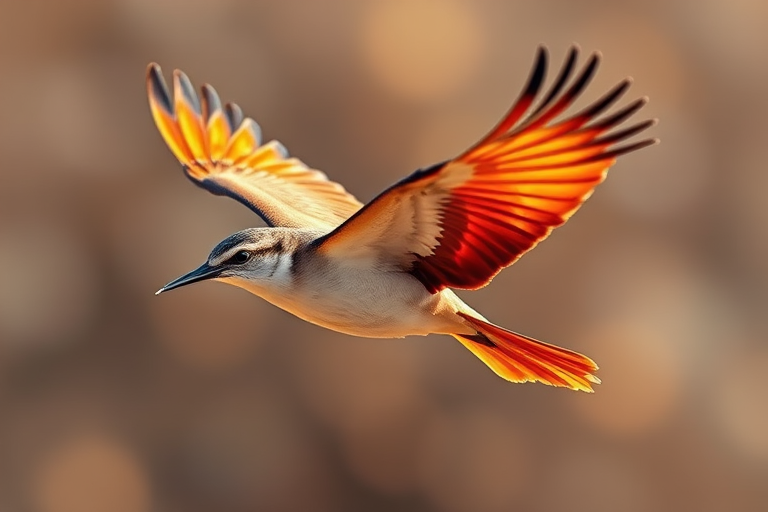 Generate a high-resolution image of a stylized bird in flight, using a DSLR camera, 50mm lens at f/2.8, ISO 100, 1/500s shutter speed, capturing a dynamic perspective with vibrant colors and sharp details.