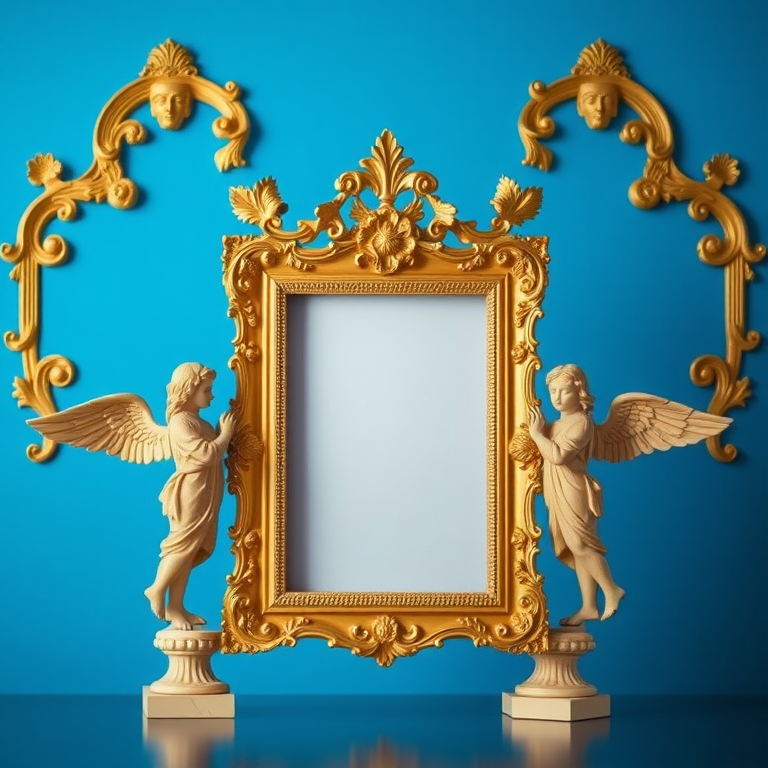 create a highly detailed image of an ornate golden frame featuring two angel statues on either side set against a vibrant blue background, use a DSLR camera with a 50mm lens, aperture f/1.8, ISO 100, and a shallow depth of field for enhanced clarity and depth.