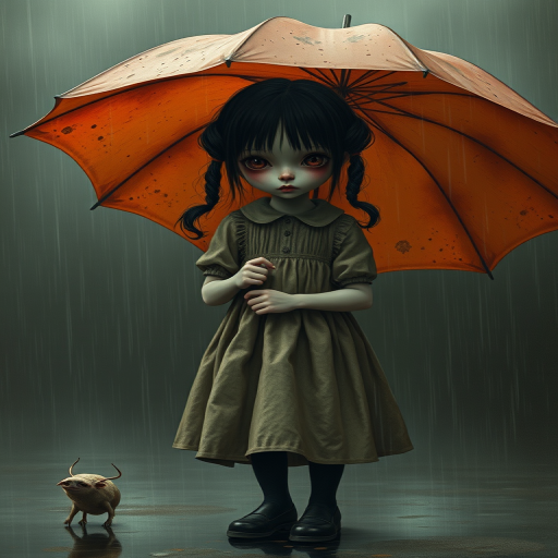 An eerie, weird little girl with dark hair in thin pigtails, wearing a smock dress, standing in the rain, holding a dirty orange umbrella, a small, odd creature beside her. In a surreal style inspired by Nicoletta Ceccoli and Brian Froud. Dark fantasy themes