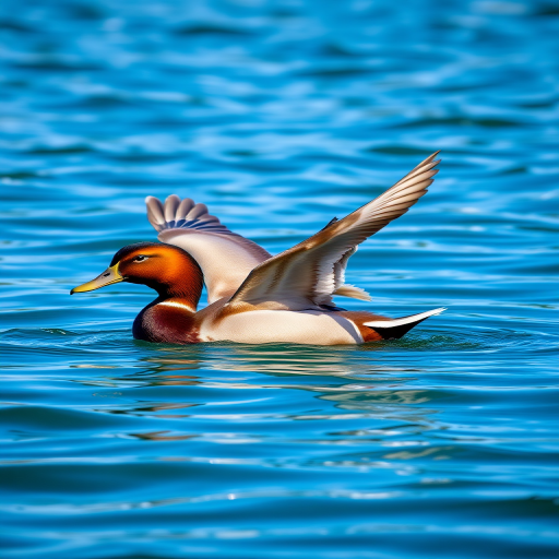 Capture a high-resolution image of a duck with a vibrant brown head and flapping wings on a serene blue lake, using a DSLR camera with a 50mm lens, aperture set to f/8, shutter speed of 1/200 sec, ISO 200, in natural lighting and a low angle view to enhance detail and clarity.