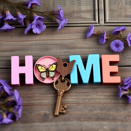 Create an image of wooden letters spelling "HOME" in varying colors, with a butterfly design on the 'O' and a key next to it, set against a rustic wooden background adorned with purple flowers, captured with a 50mm lens, f/2.8 aperture, ISO 100, in natural light, DSLR camera.