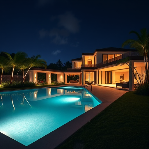 Create a stunning night-time exterior view of a modern luxury villa with a pool, soft ambient lighting, lush tropical landscaping, and a clear sky, captured with a Canon EOS R5 at f/2.8, ISO 200, shutter speed 1/60 sec, using a wide-angle lens to showcase the grandeur and serene atmosphere.