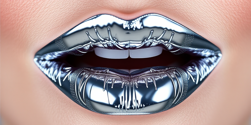 Futuristic "Cyber Silver" metallic lip foil with mirror-like finish, long-lasting and transfer-proof formula, ideal for bold and avant-garde makeup styles