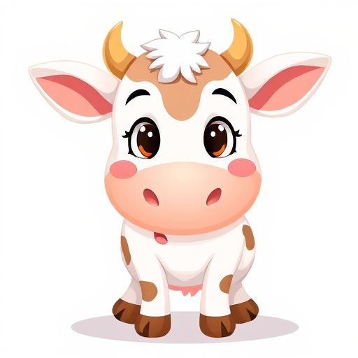 cartoon illustration of a cute cow character with soft colors, high-quality vector style, 50mm lens, f/2.8 aperture, soft lighting, ISO 100, frontal view, digital art