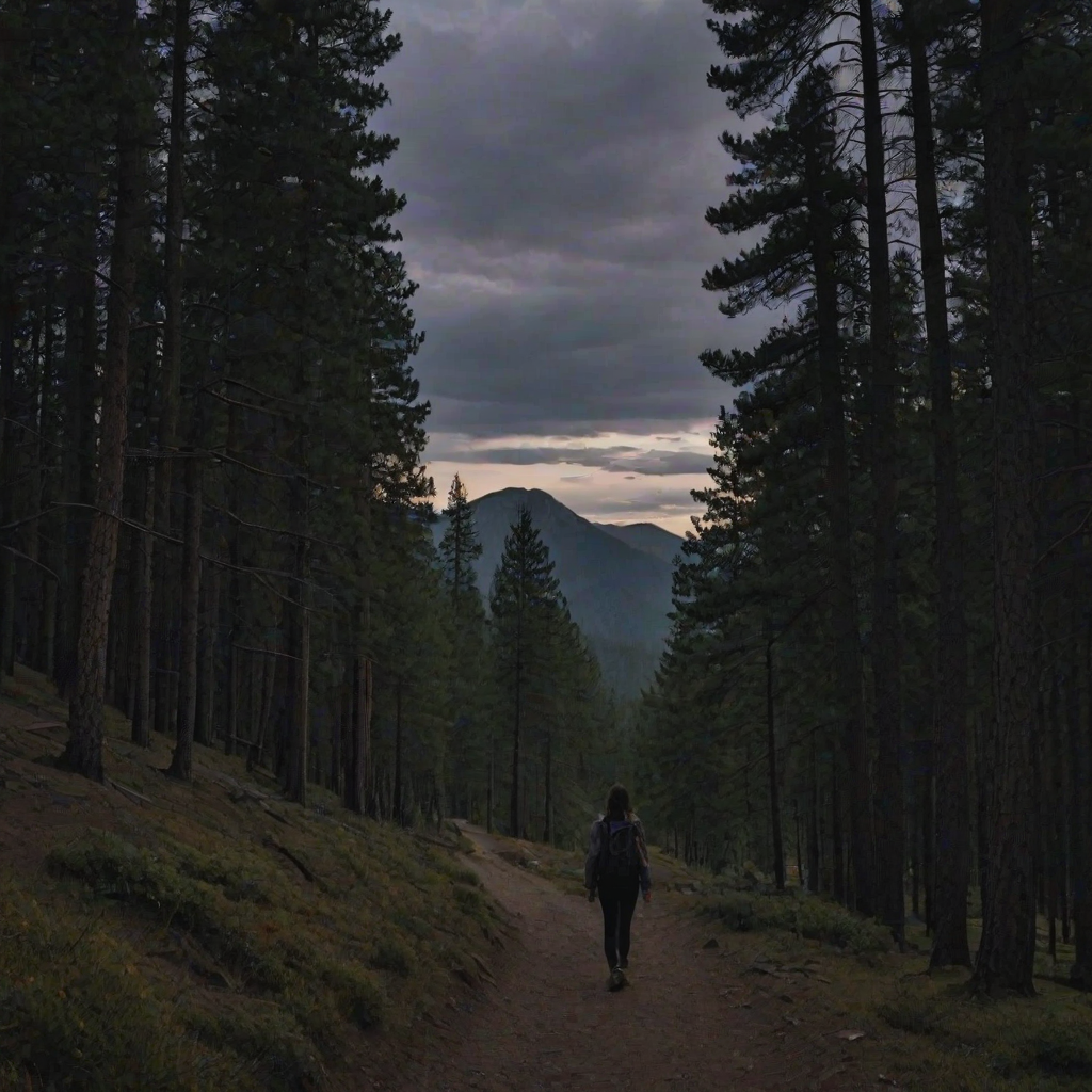 Mountain trail at dusk, with tall pines lining the path, a woman hikes alone, her silhouette barely visible against the backdrop of a darkening sky.