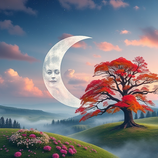 Create a serene landscape with a large, tranquil face integrated into a crescent moon, surrounded by intricate floral patterns and a vibrant tree reflecting the seasons, using a soft focus lens, f/2.8 aperture, ISO 100, drone shot for an aerial view, and vibrant colors to enhance the dreamy atmosphere.