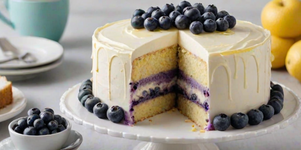 Create an image of a layered cake with three distinct layers. The top layer should have a smooth white frosting decorated with fresh blueberries and lemon slices. The middle layer should be a creamy purple filling, while the bottom layer should be a light yellow cake. Arrange the cake on a decorative white plate with a few blueberries scattered around it. The background should be softly blurred to emphasize the cake.