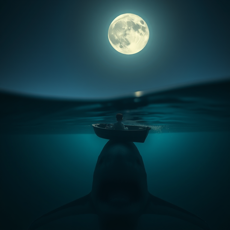 a child sitting in a small boat under a full moon, with a large shark visible in the water below, low-angle view, cinematic style, ISO 100, aperture f/2.8, shutter speed 1/60s, DSLR camera, HDR processing, dramatic lighting