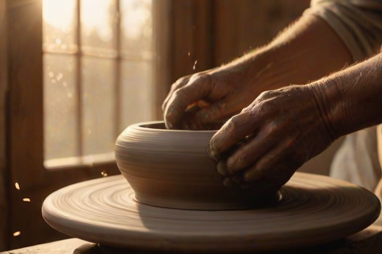 Warmly lit close-up of a potter's hands shaping clay on a spinning wheel, tiny flecks of clay flying through the air, with the soft glow of sunset streaming through a nearby window.