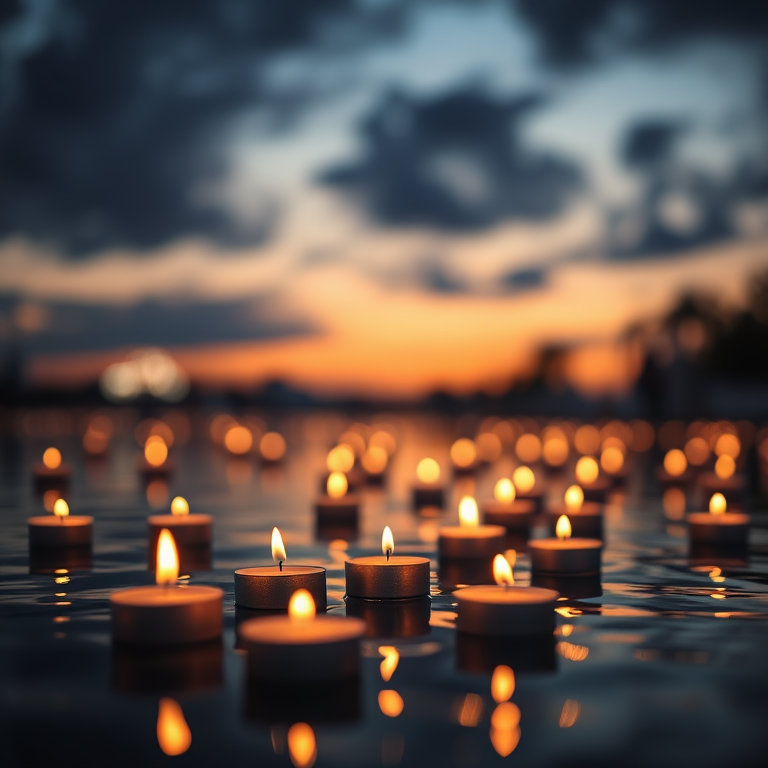 floating candles on water at sunset with reflections, shallow depth of field, f/2.8, ISO 100, 1/125s, 50mm lens, soft focus, twilight ambiance, DSLR camera