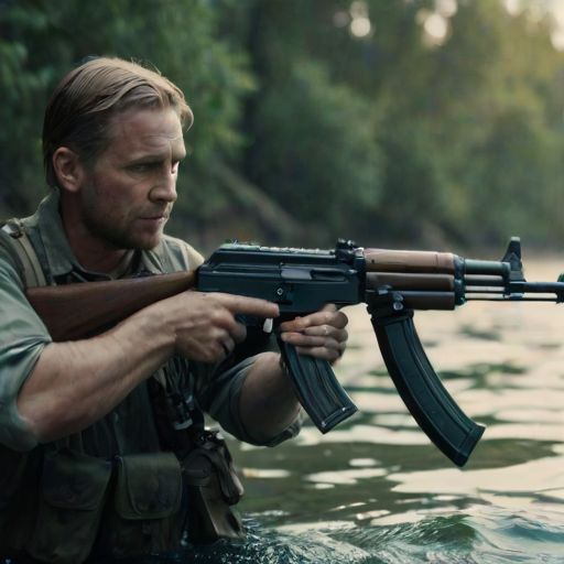 cinematic film still of  a man holding a AK-47 gun in the water, shallow depth of field, vignette, highly detailed, high budget, bokeh, cinemascope, moody, epic, gorgeous, film grain, grainy