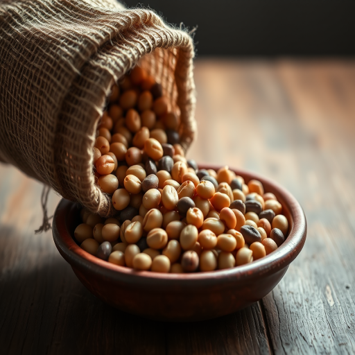 photograph of a burlap sack spilling mixed beans onto a rustic clay dish, natural light, shallow depth of field, ISO 200, aperture f/2.8, 50mm lens, DSLR camera, top-down view, soft focus background