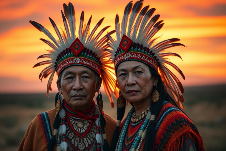 Generate a portrait of two Indigenous people in traditional attire, showcasing intricate headdresses with feathers, against a vibrant sunset sky, using a Canon EOS R5 with an EF 85mm f/1.2L lens, captured at f/1.2 for a shallow depth of field, ISO 100, and a warm color balance to enhance the richness of their features and clothing.