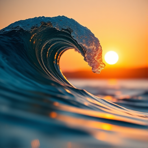 Create a high-resolution image of a stylized wave design with a rising sun in the background, using a Canon EOS R5 camera, 50mm lens, f/2.8 aperture, 1/125s shutter speed, ISO 100, soft natural lighting, and a shallow depth of field for artistic focus.