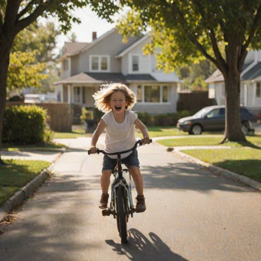Blurry action shot of a child riding a bicycle down a suburban street, the wind blowing through their hair, soft sunlight reflecting off the pavement, distant houses with picket fences, the sound of laughter and dogs barking in the background.