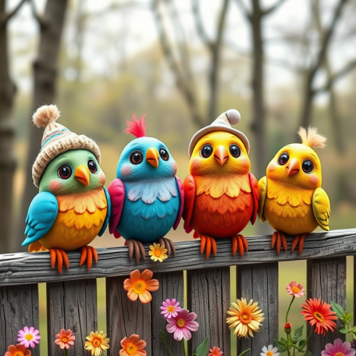 create a scene of 4 quirky  whimsical colourful comical birds each with a funny expression. they are sat on a wooden fence with colourful flowers. they are all different sizes. each one is a different colour  one is wearing a woolly hat. Each one has a different quirky google expression and there is a muted background of trees watercolour paintierly style high definition 8k resolution 3D paper mache