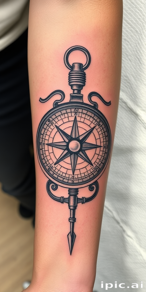Engraving-style tattoo of an antique compass on the forearm, with fine lines and cross-hatching techniques mimicking old-world craftsmanship