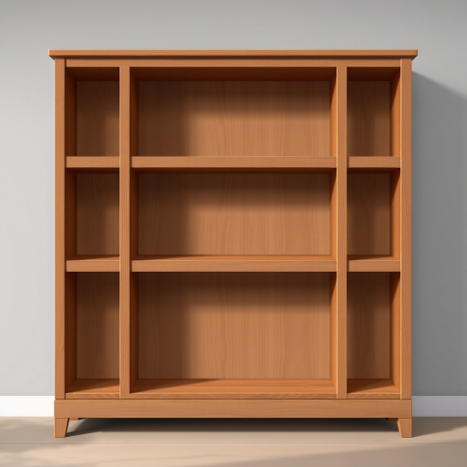 Create a high-resolution vector illustration of a wooden bookshelf with four shelves, soft diffused lighting, 50mm lens, f/4 aperture, ISO 100, shot from a 30-degree angle for depth, using a digital camera.