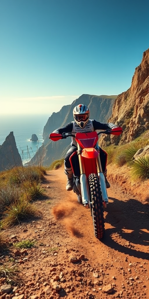 Capture an action shot of a motocross rider on a dirt bike racing along a rugged coastal trail with dramatic cliffs in the background, using a Canon EOS R5, 24-70mm lens at f/4, ISO 200, shutter speed 1/1000s, in vibrant colors and high dynamic range for enhanced detail.