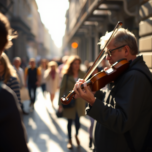 Blurry candid shot of a lively street musician playing the violin, with people stopping to listen, soft sunlight illuminating the scene, creating a warm atmosphere.
