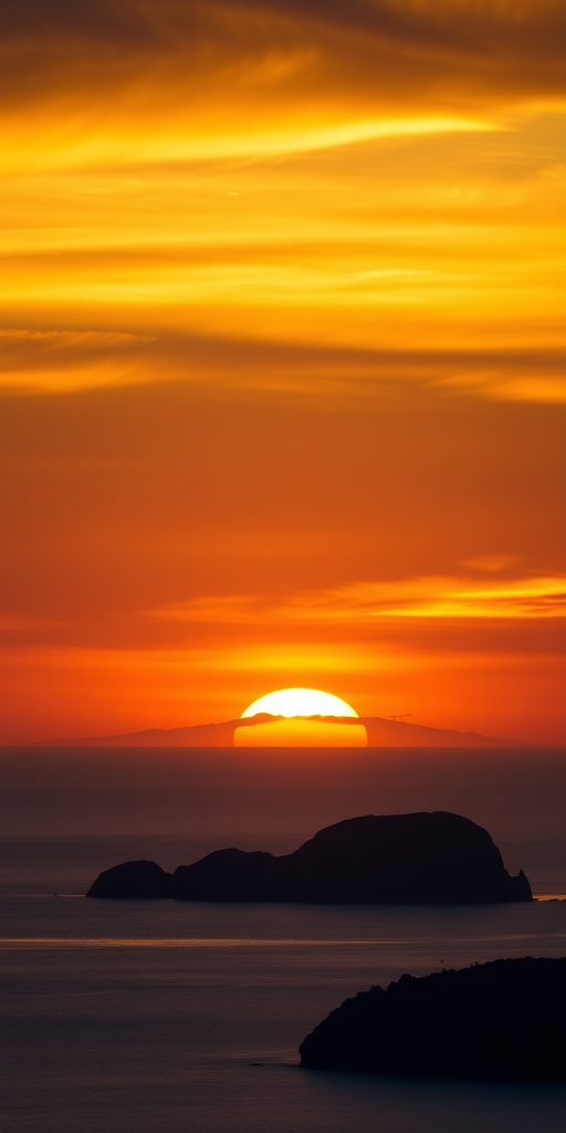 a stunning sunset over a calm ocean with silhouetted islands in the foreground, vibrant orange and yellow hues in the sky, captured with a Canon EOS 5D Mark IV, f/11 aperture, ISO 100, 1/200 sec shutter speed, using a wide-angle lens at 24mm, shot in HDR for enhanced detail and dynamic range