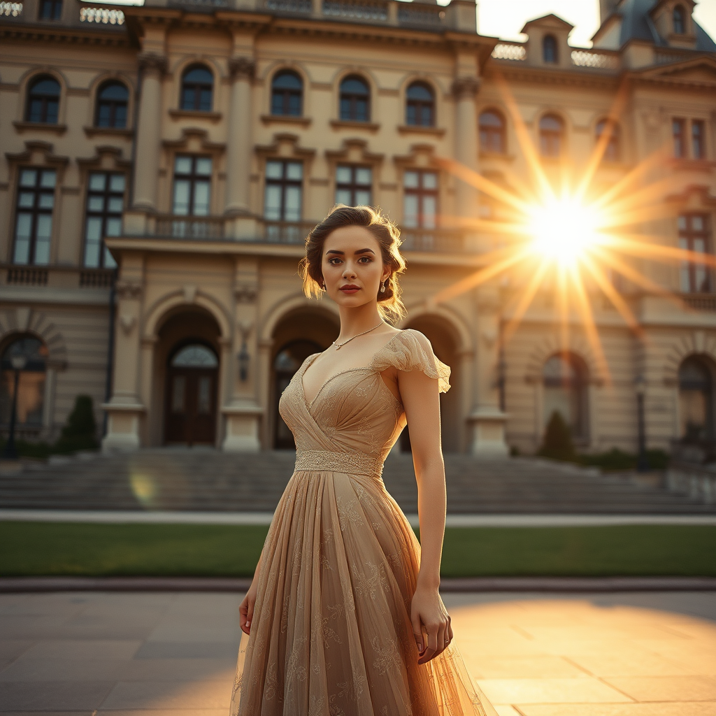 An elegant woman, dressed in a vintage gown, stands in front of a grand, historic building. The setting sun casts a warm, golden light on her