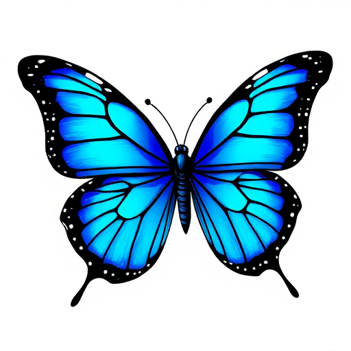 Create a vibrant and detailed illustration of a butterfly with bright blue wings. The wings should have a gradient effect, transitioning from a deep blue to a lighter shade. Include intricate black patterns along the edges and a smooth, elegant body. The background should be simple and unobtrusive to highlight the butterfly's beauty.